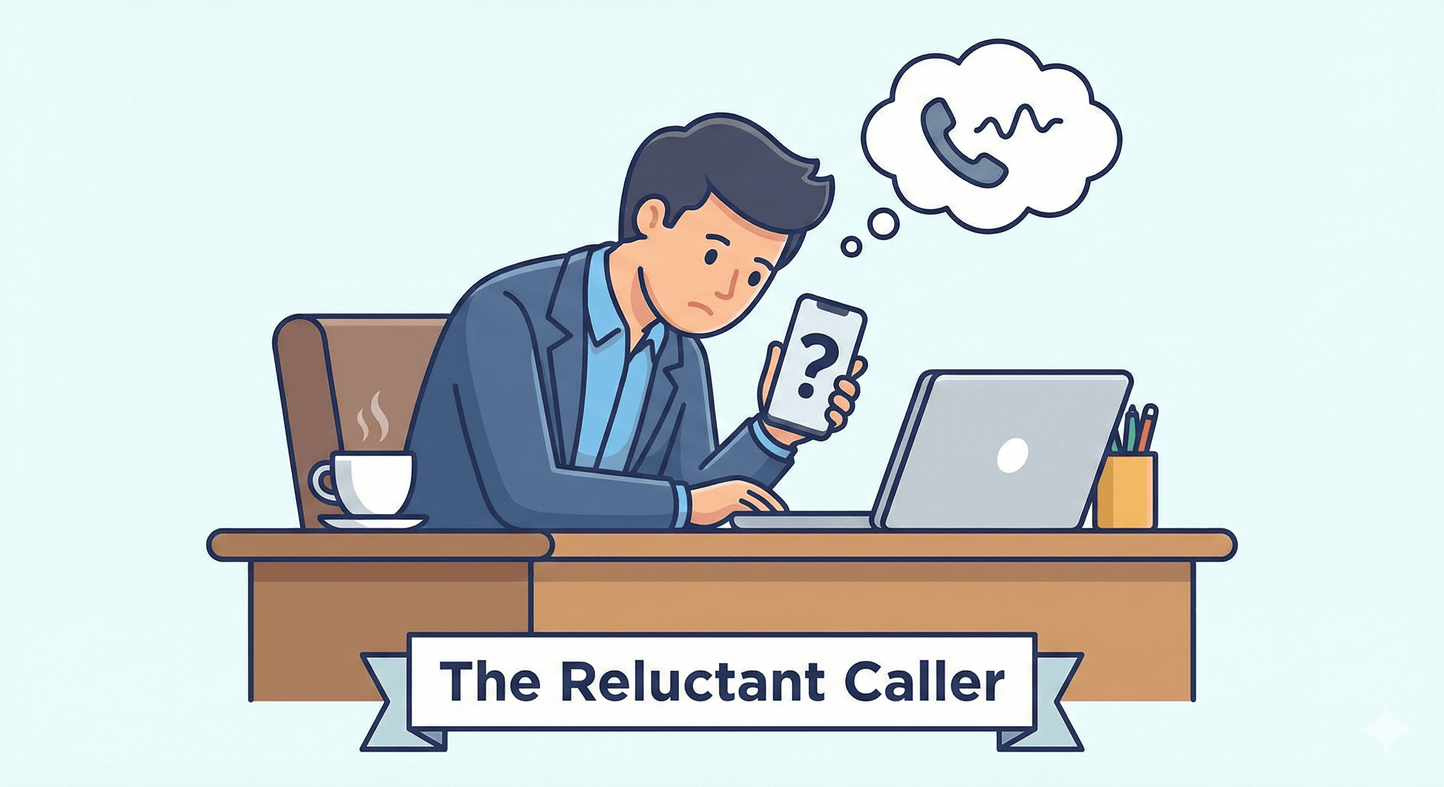 Professional experiencing administrative paralysis while staring at phone unable to make simple call